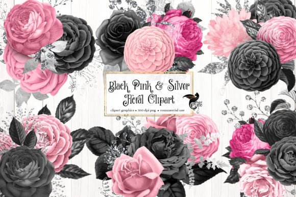 Black, Pink and Silver Floral Clipart for Creative Projects