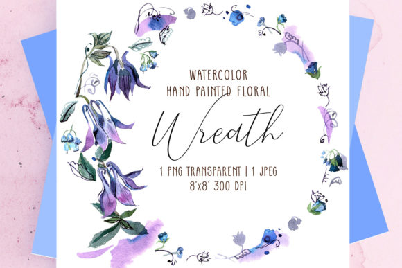 Watercolor Floral Wreath with Blue Bells & Roses